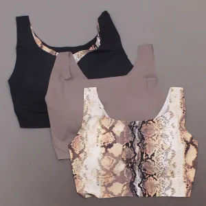 Rhonda Shear 3 Pack Body Bras With Removable Pads Mocha/ Snake/ Black 2X