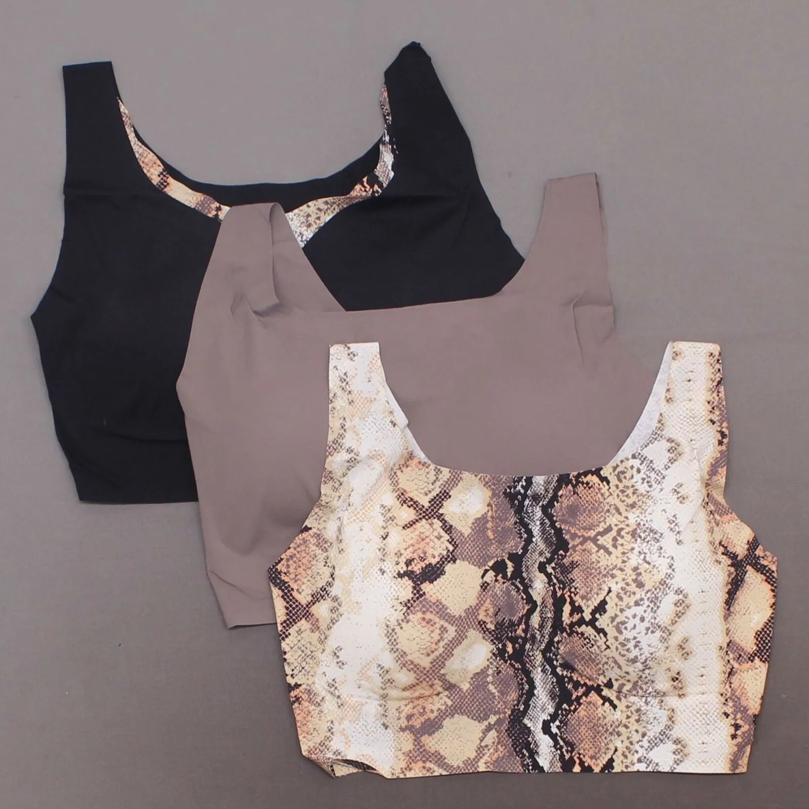 Rhonda Shear 3 Pack Body Bras With Removable Pads Mocha/ Snake/ Black 2X
