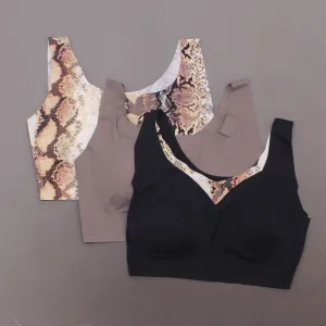 Rhonda Shear 3 Pack Body Bras With Removable Pads Mocha/ Snake/ Black Large