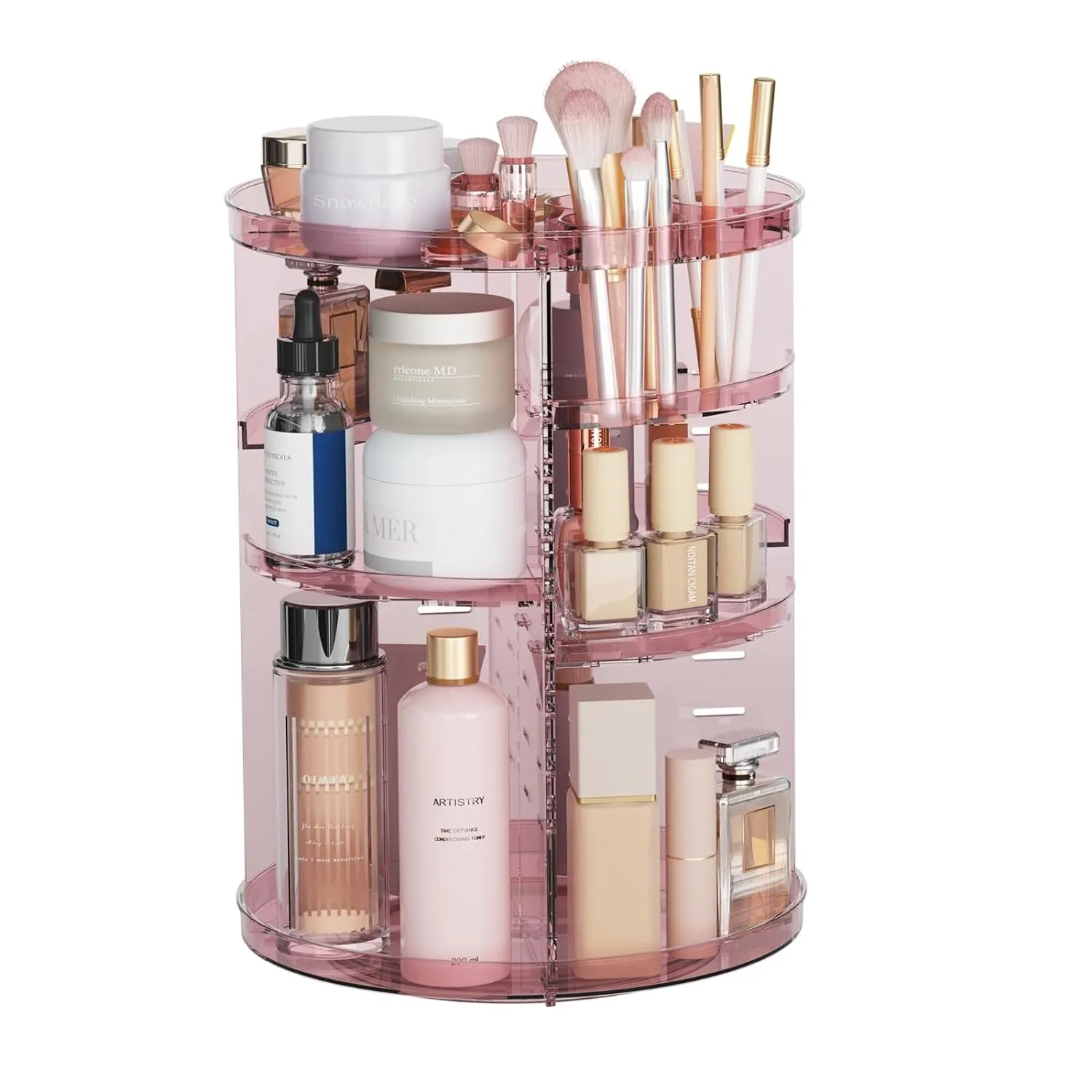 Rotating Makeup Organizer, DIY 8 Adjustable Layers Spinning Skincare Organizer, Cosmetic Display Case with Brush Holder Perfume Tray, Multi-Function Storage Carousel for Vanity Bathroom Countertop
