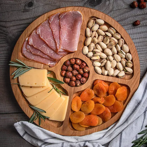 Round Wooden Serving Tray with 4 Sections