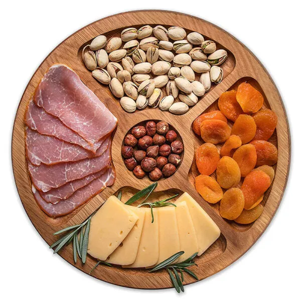 Round Wooden Serving Tray with 4 Sections