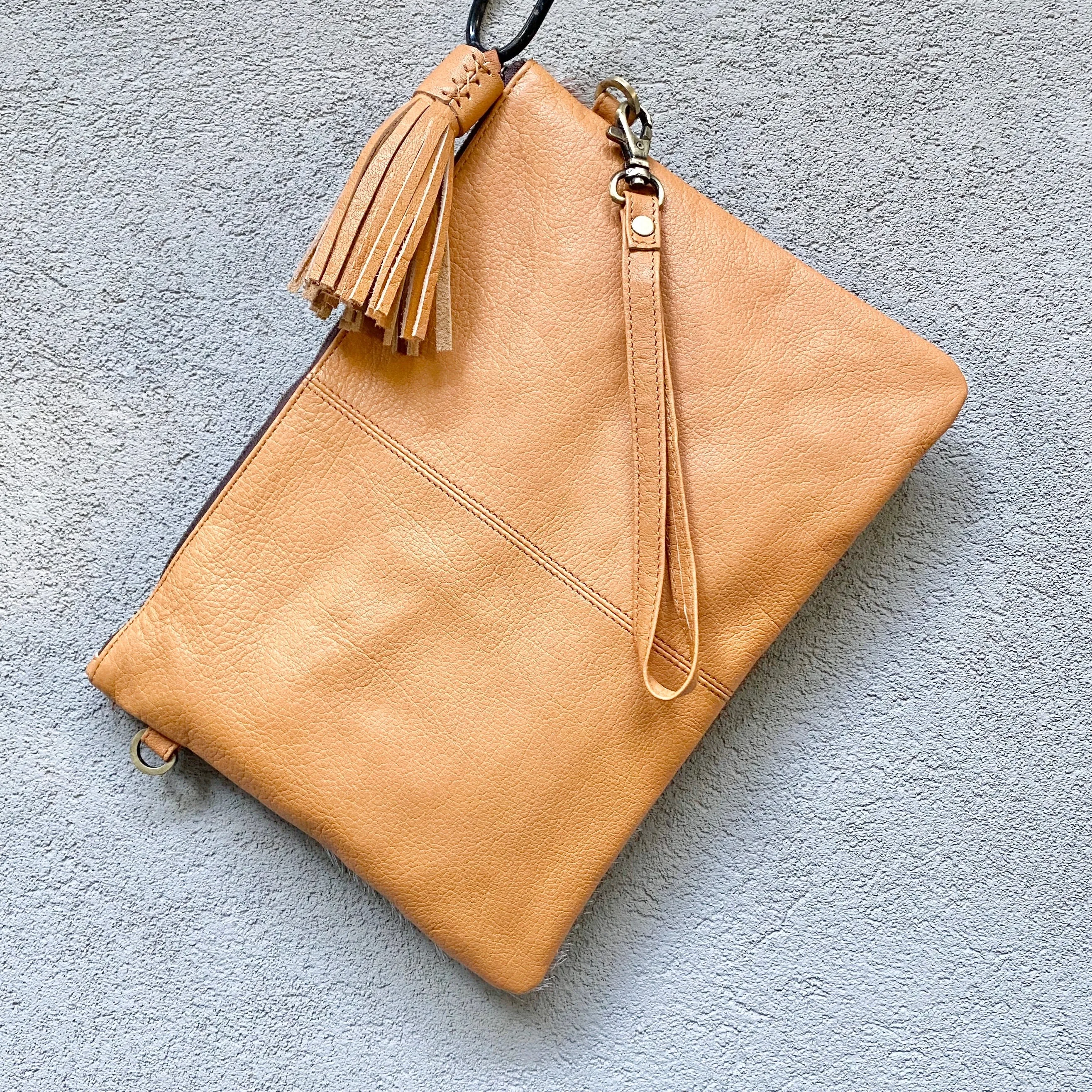 Sahara Reversible Cowhide & Leather Crossbody Clutch Bag - Tan White
