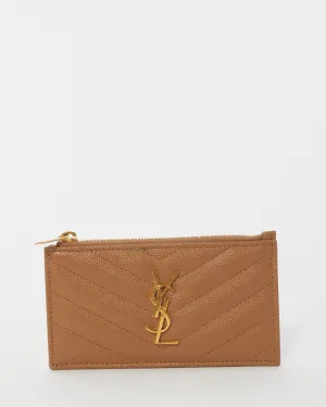 Saint Laurent Beige Matelasse Leather Cassandre Zipped Card Case