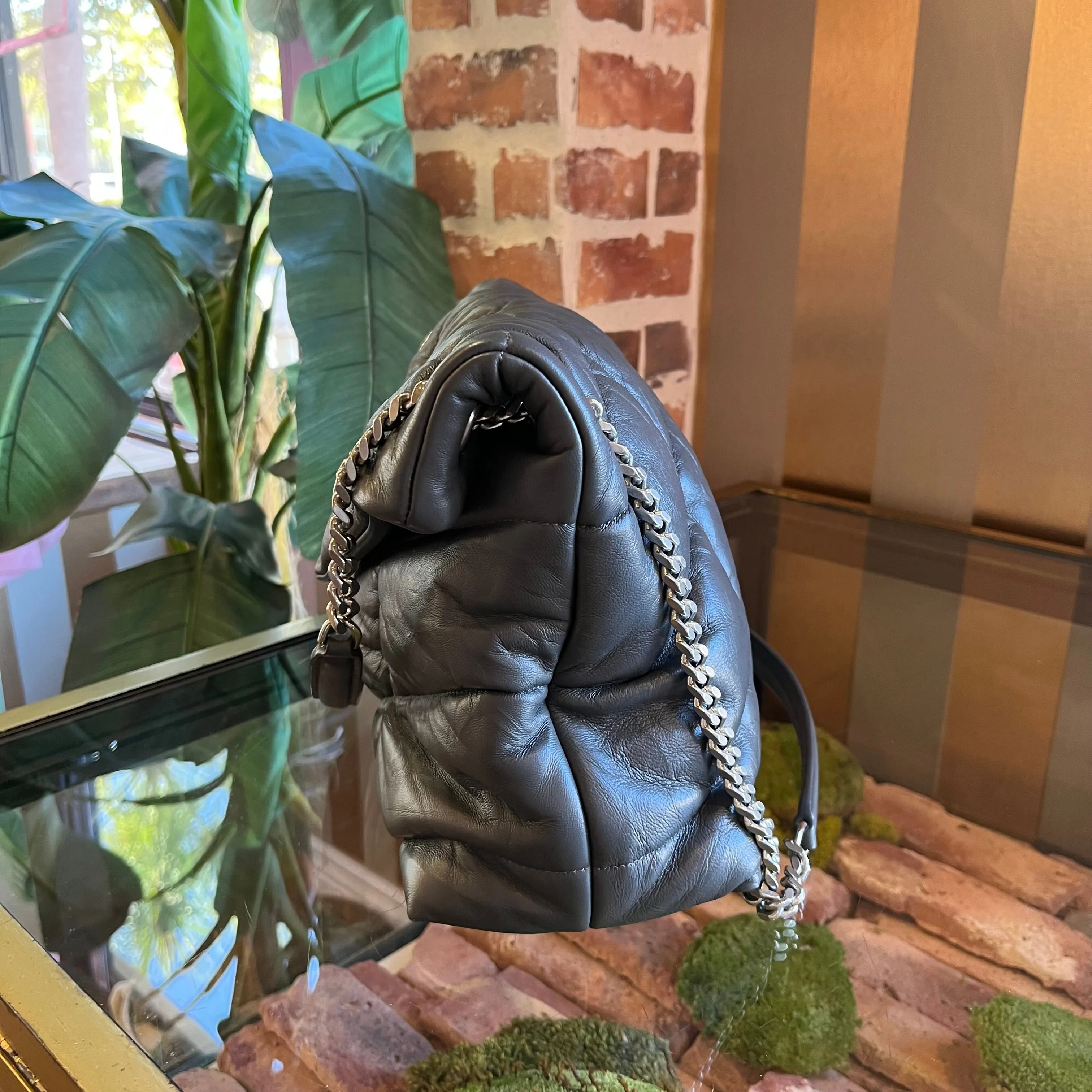 SAINT LAURENT Lou Puffer Medium YSL Storm Gray Quilted Leather Shoulder Bag