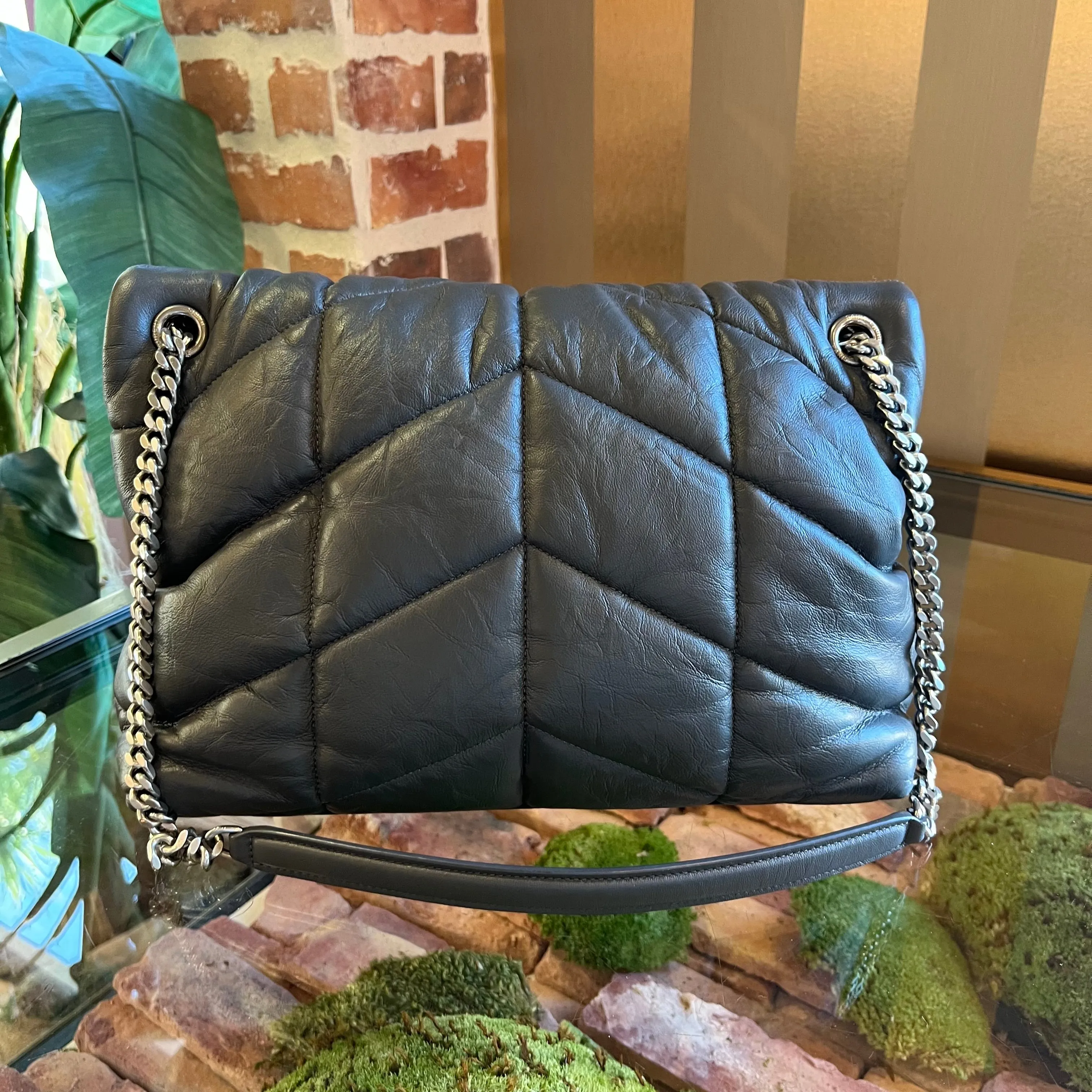 SAINT LAURENT Lou Puffer Medium YSL Storm Gray Quilted Leather Shoulder Bag