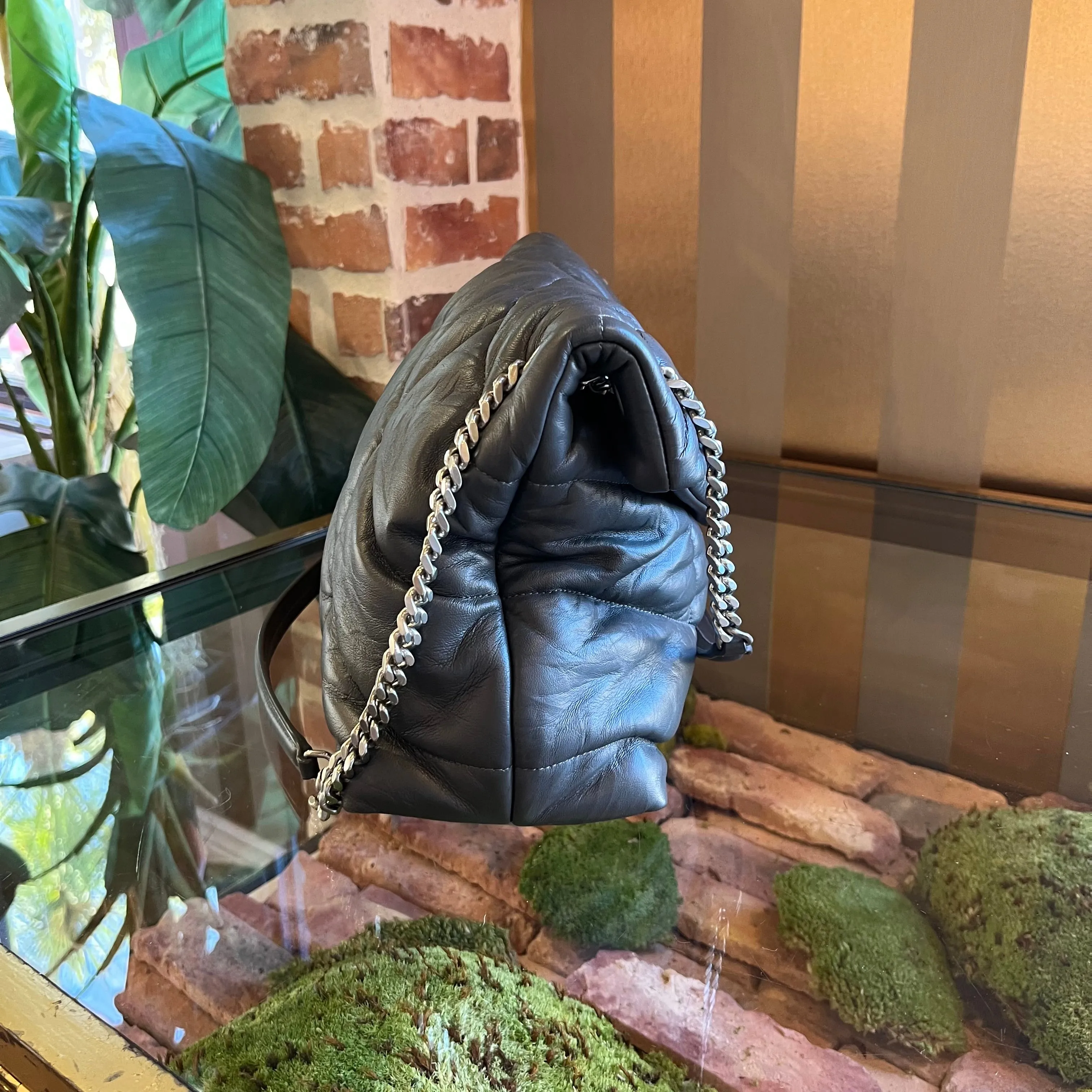 SAINT LAURENT Lou Puffer Medium YSL Storm Gray Quilted Leather Shoulder Bag