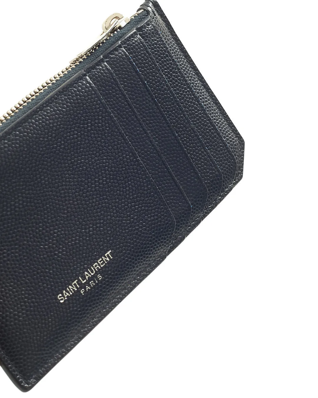 Saint Laurent Navy Grained Leather Zip Card Holder