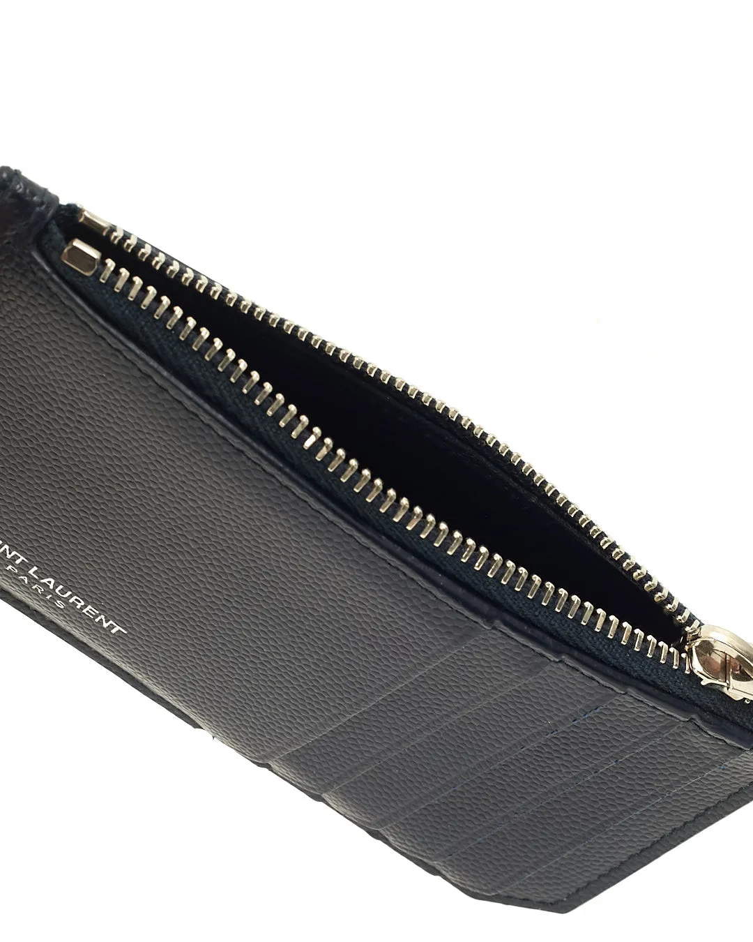 Saint Laurent Navy Grained Leather Zip Card Holder