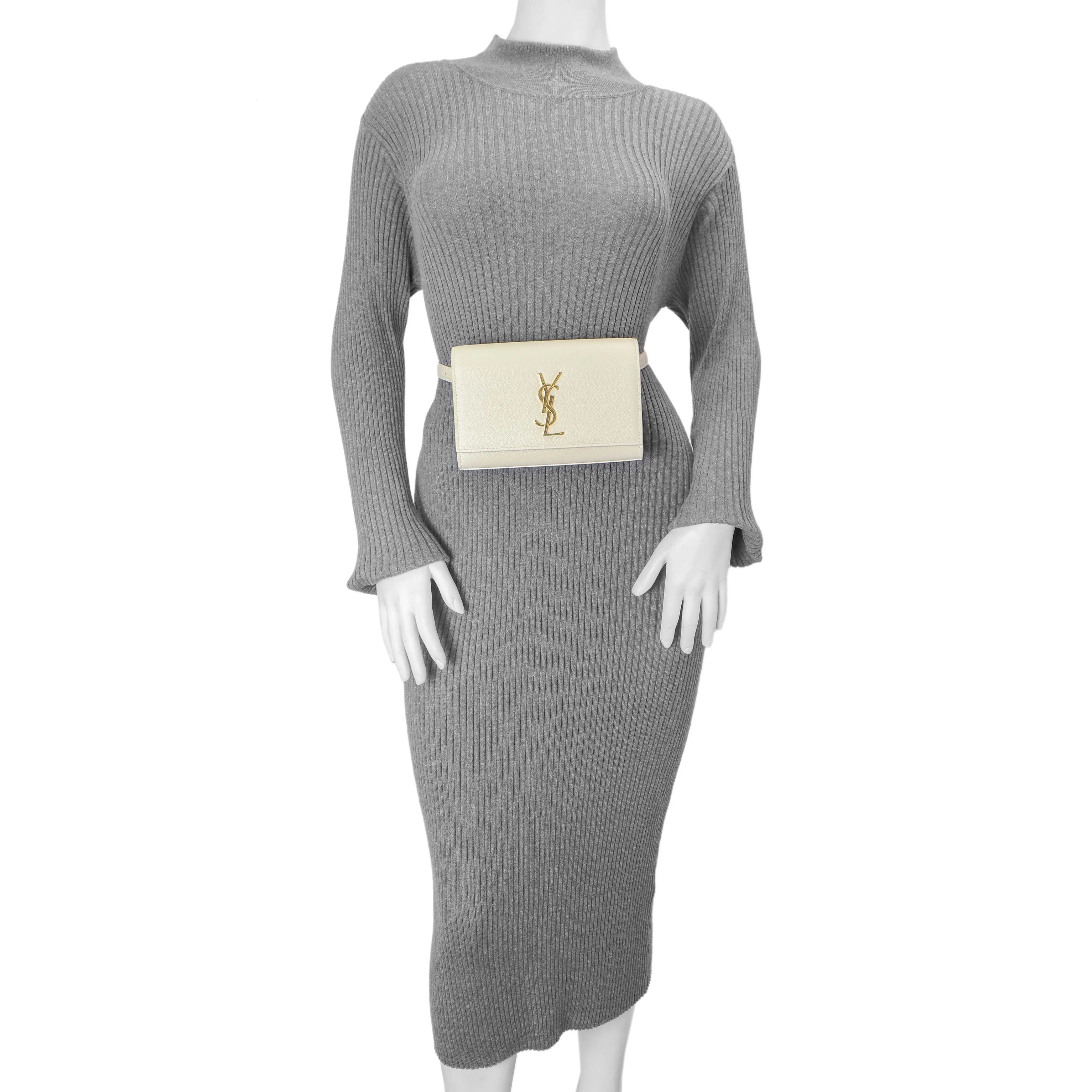 Saint Laurent White Grain De Poudre Monogram Kate Belt Bag