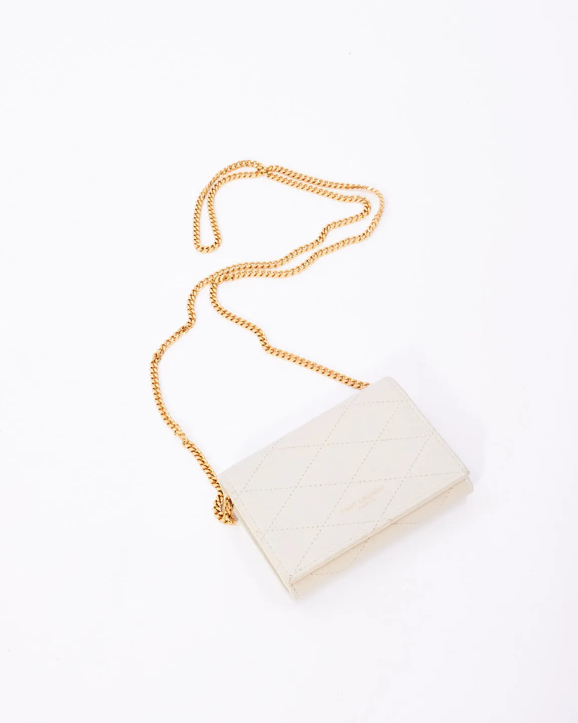 Saint Laurent White Quilted Leather Mini Wallet on Chain