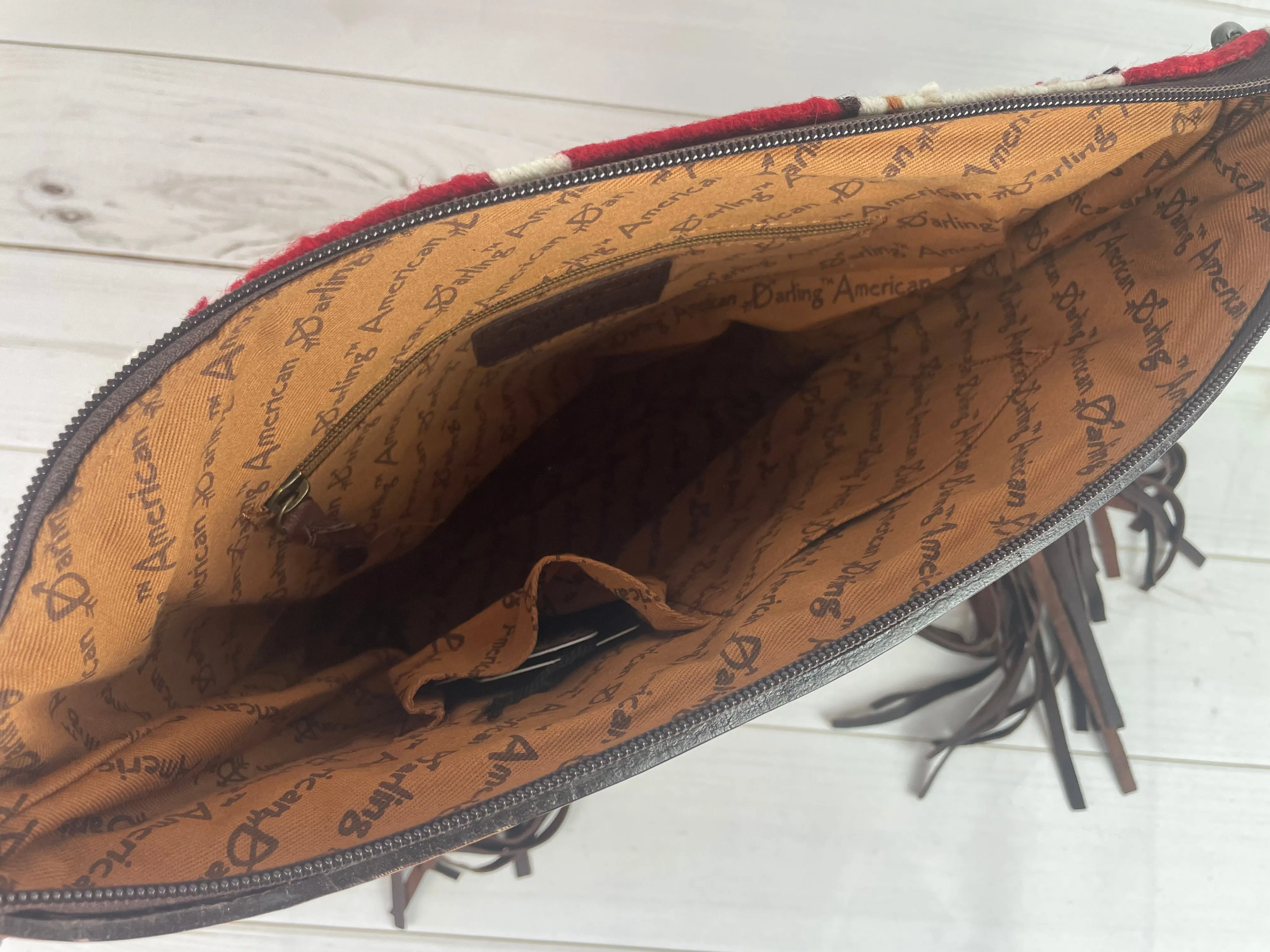 SALE! Canyon Red, Tan, Blue Wool Pattern & Leather Handbag