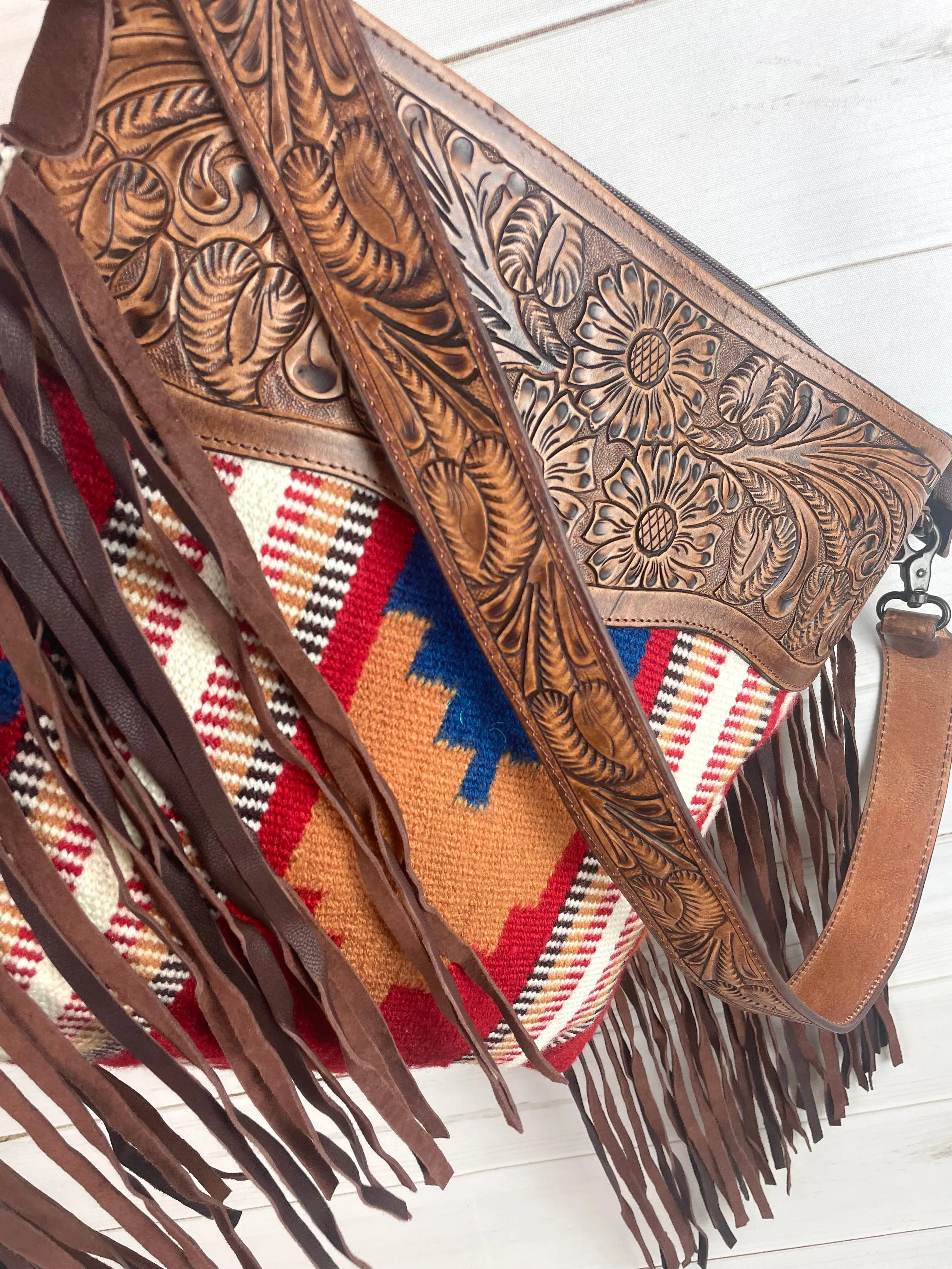 SALE! Canyon Red, Tan, Blue Wool Pattern & Leather Handbag