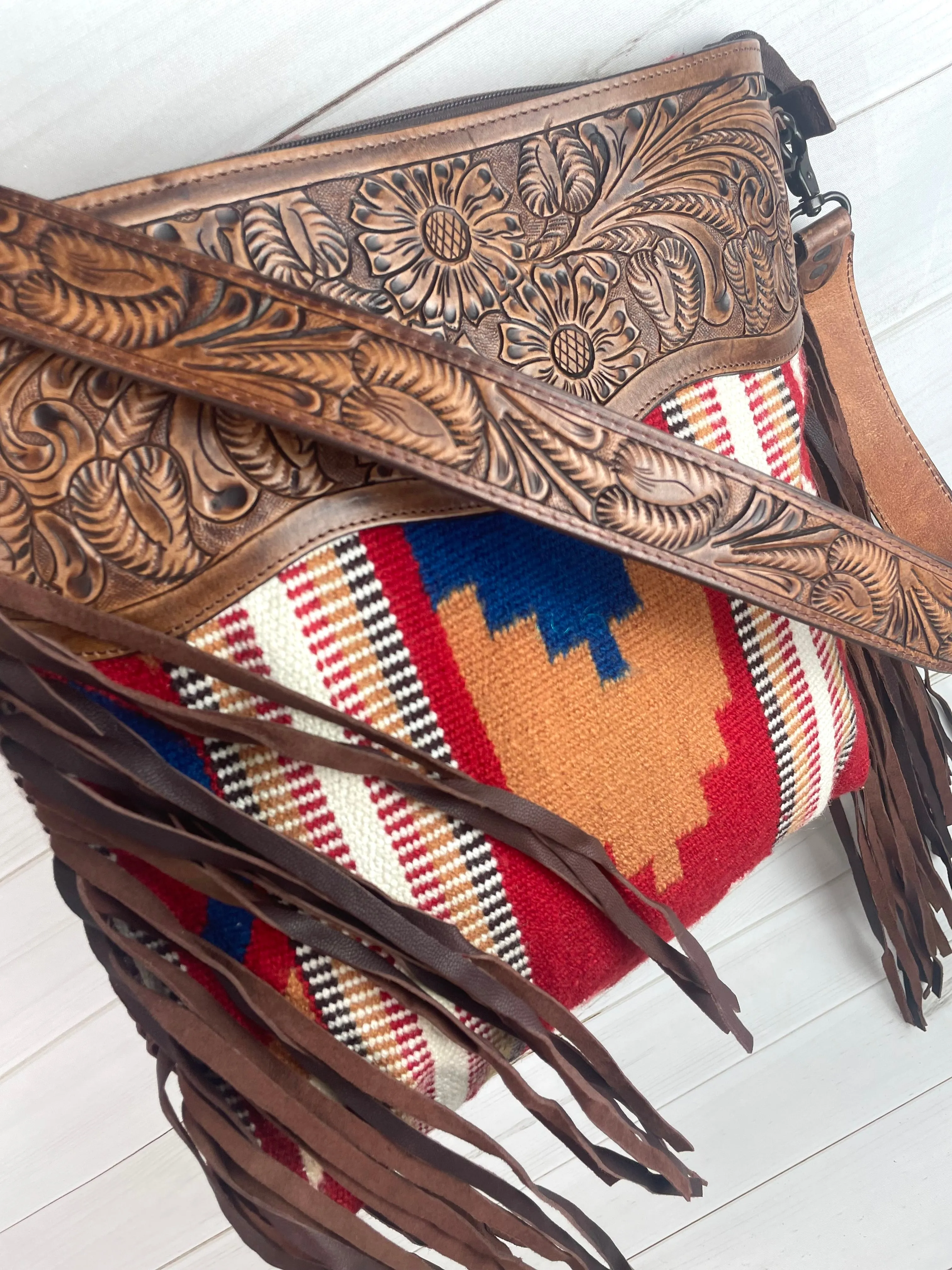 SALE! Canyon Red, Tan, Blue Wool Pattern & Leather Handbag