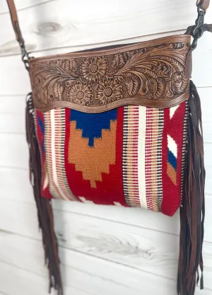 SALE! Canyon Red, Tan, Blue Wool Pattern & Leather Handbag