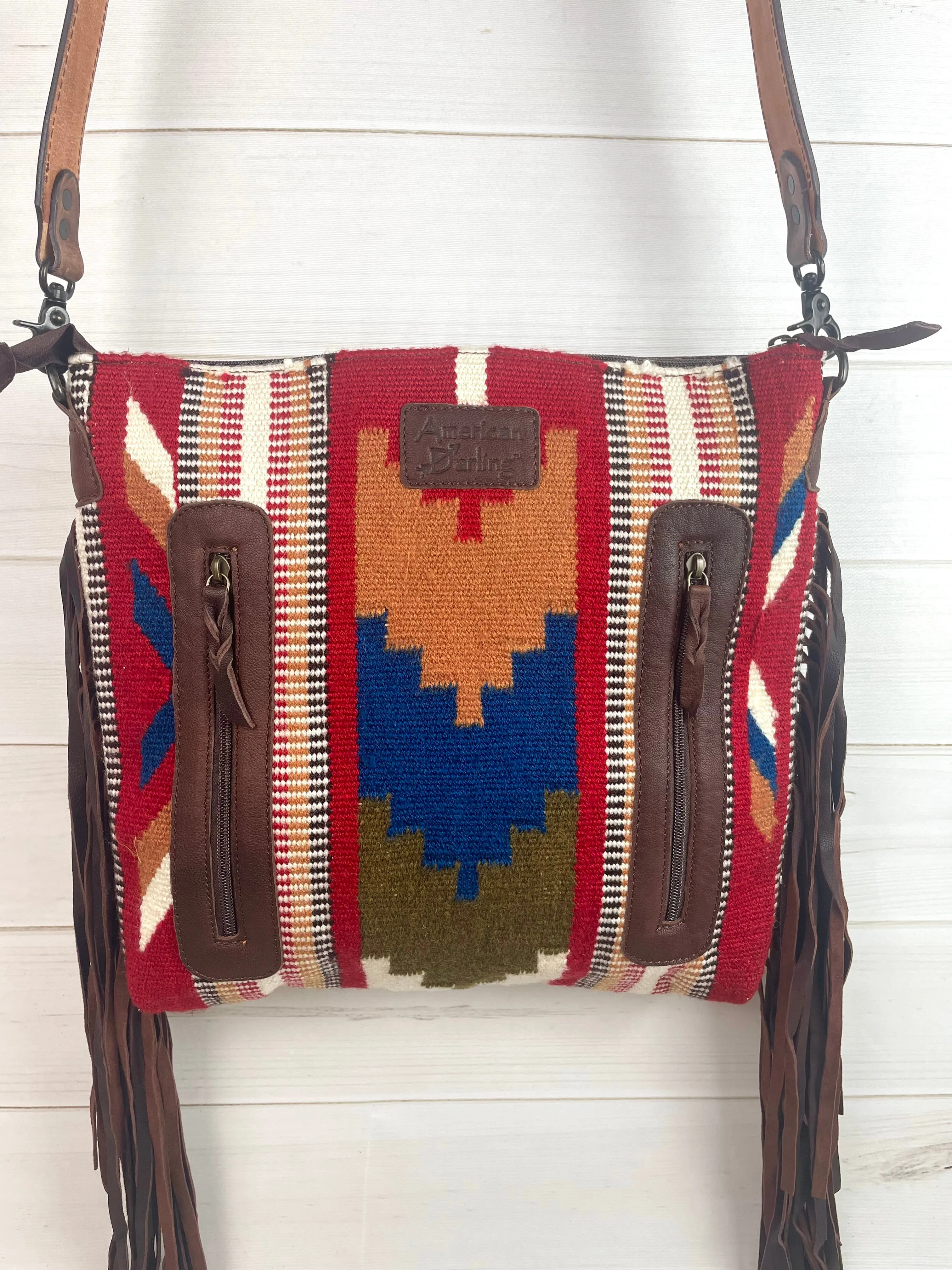 SALE! Canyon Red, Tan, Blue Wool Pattern & Leather Handbag