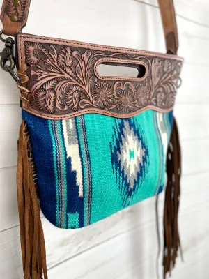 Sedona Blue Turquoise Grey Wool Leather Handle Fringe Bag