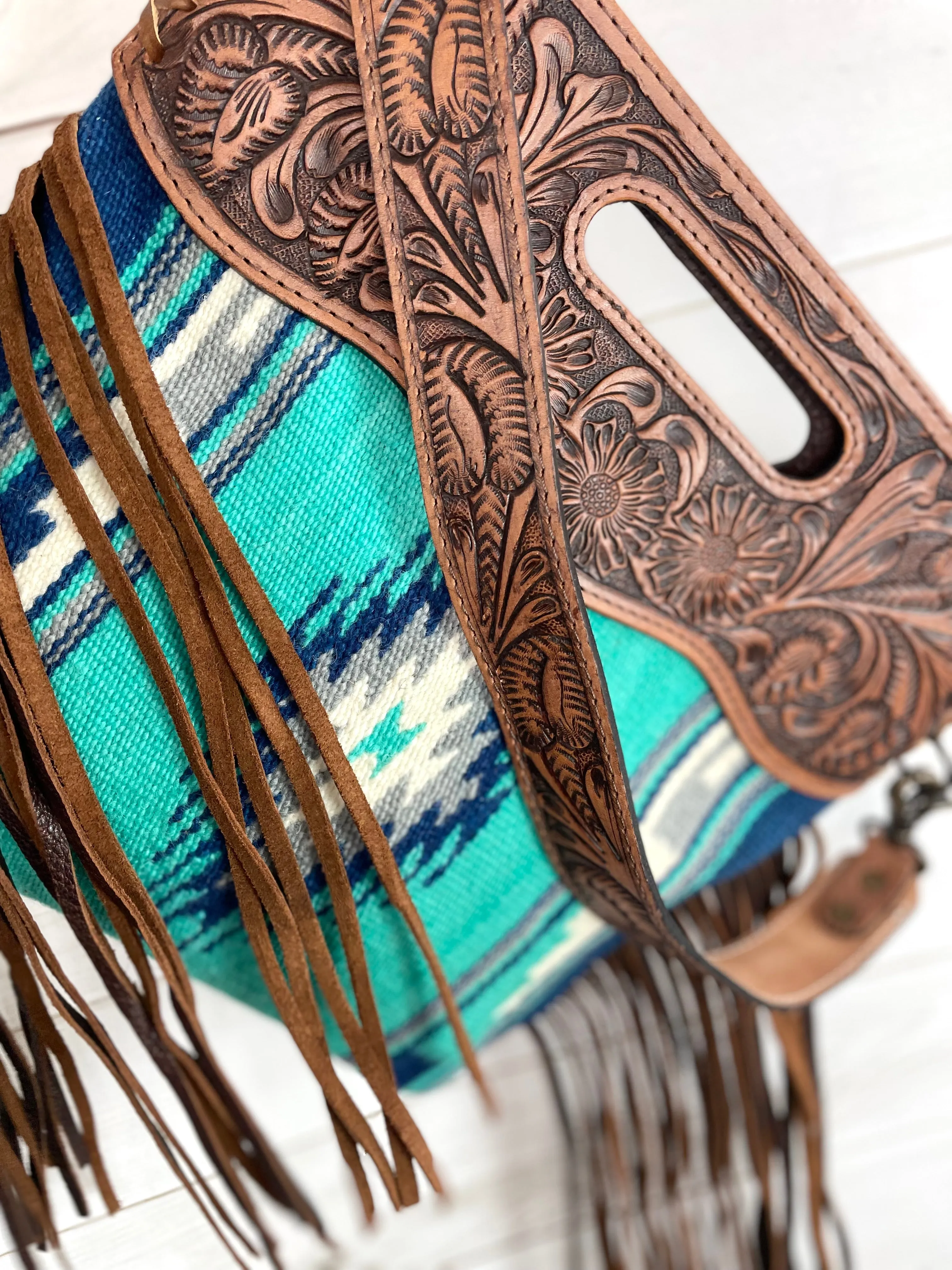 Sedona Blue Turquoise Grey Wool Leather Handle Fringe Bag