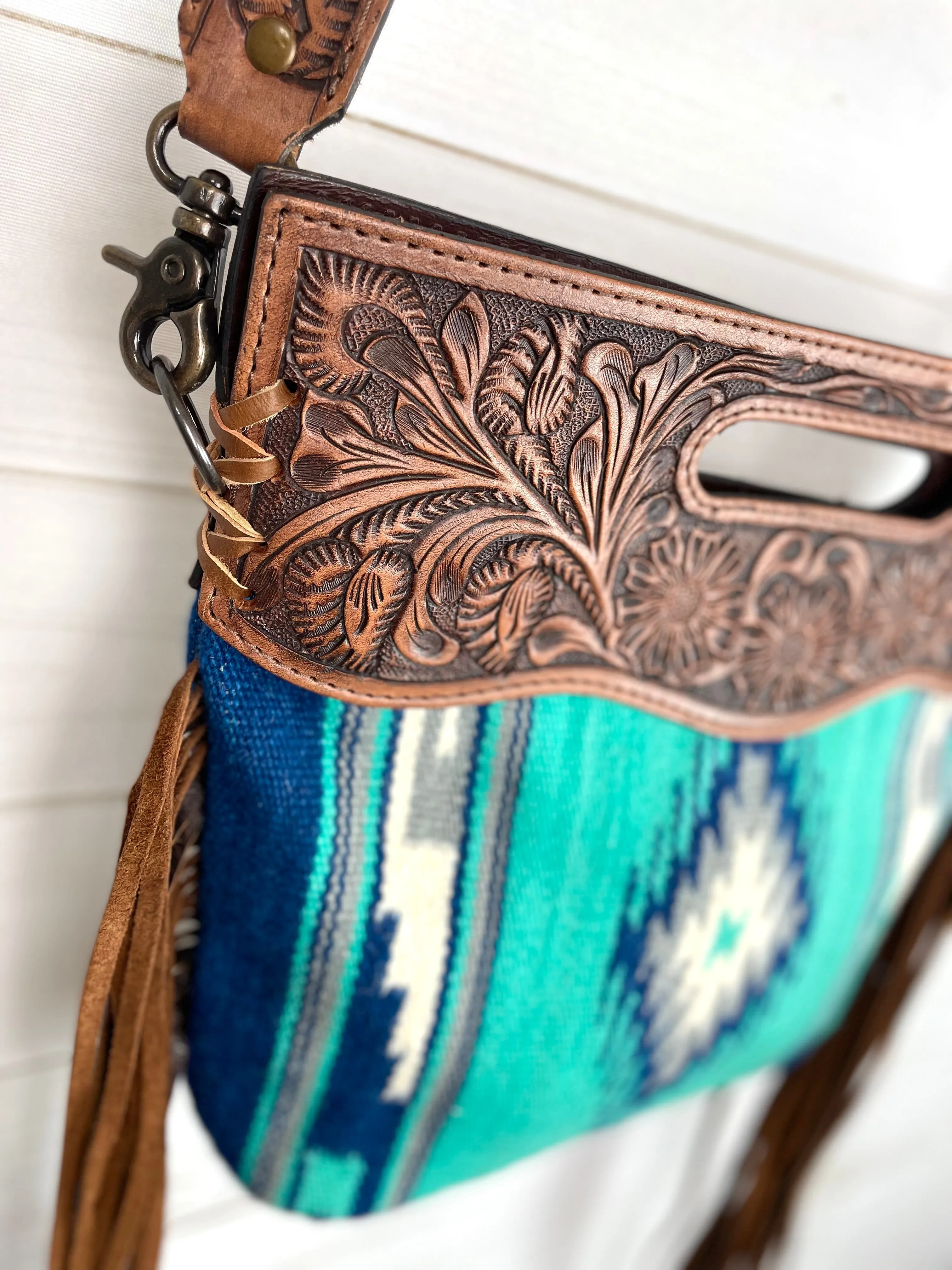 Sedona Blue Turquoise Grey Wool Leather Handle Fringe Bag