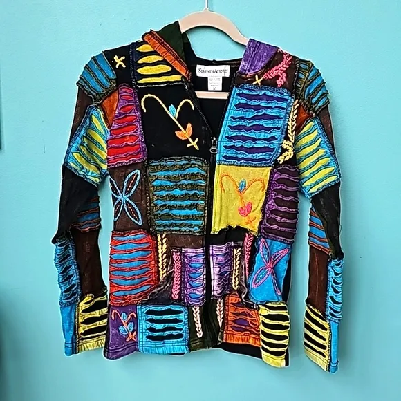 SEVENTH AVENUE | Hippie Patchwork Razor Cut Gypsy Hooded Jacket Bohemian, Size M