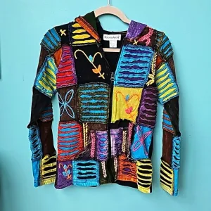 SEVENTH AVENUE | Hippie Patchwork Razor Cut Gypsy Hooded Jacket Bohemian, Size M