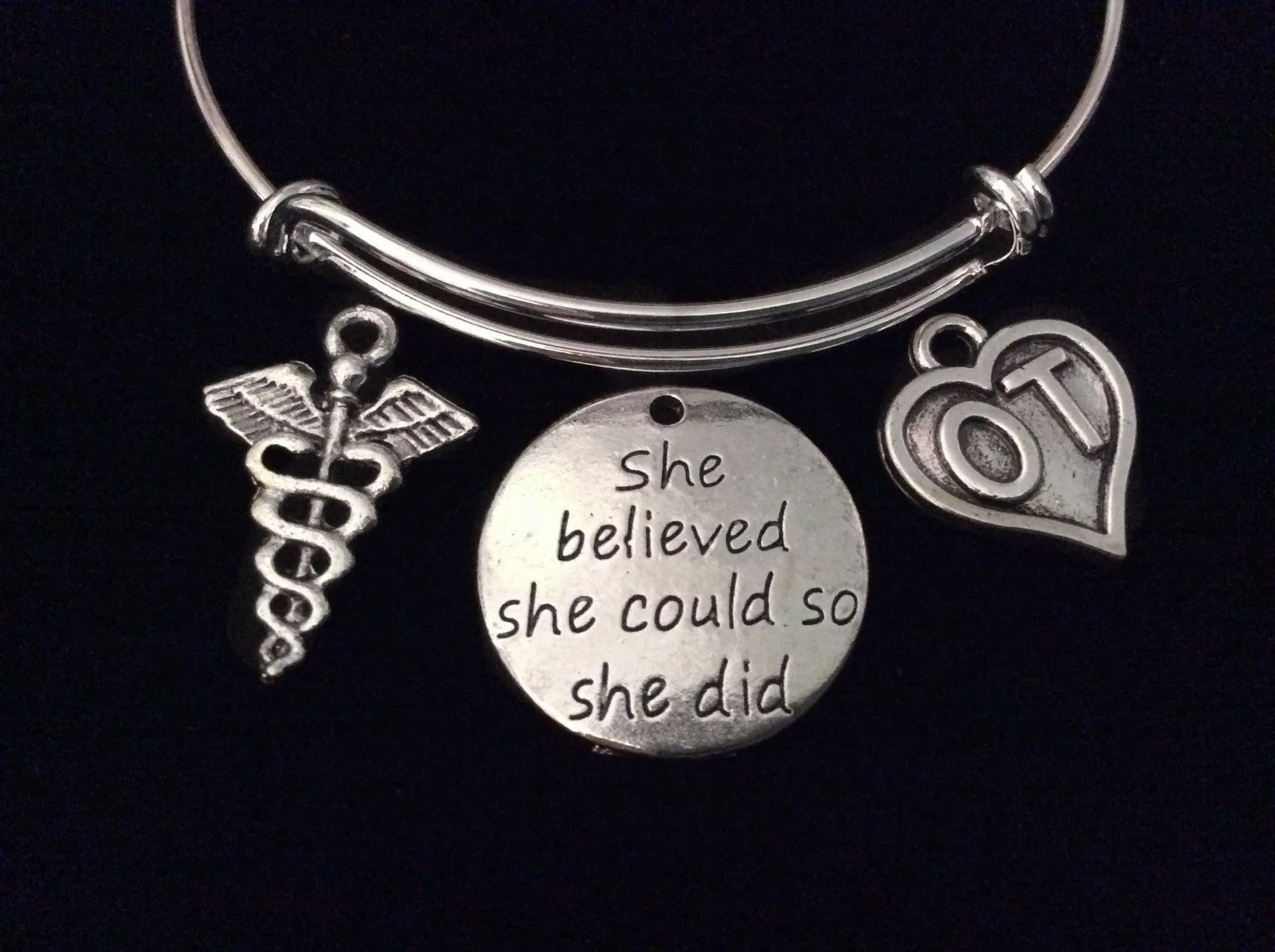 She Believed Occupational Therapist Expandable Charm Bracelet Silver OT Adjustable Bangle Graduation Gift