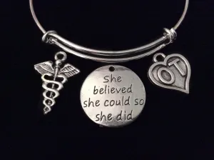 She Believed Occupational Therapist Expandable Charm Bracelet Silver OT Adjustable Bangle Graduation Gift