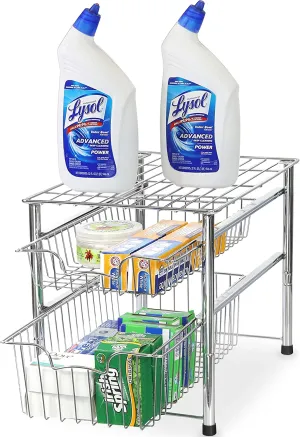 SimpleHouseware Stackable 2 Tier Sliding Basket Organizer Drawer, Chrome, Retails $95 