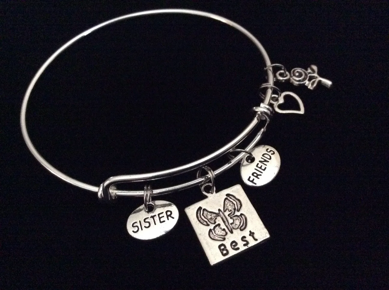Sister Best Friend Butterfly and Rose Expandable Silver Charm Bracelet Adjustable Bangle Trendy Gift