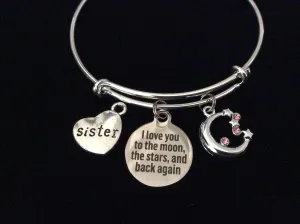 Sister I Love you to the Moon the Stars Adjustable Bracelet Silver Expandable Charm Bracelet Wire Bangle Gift
