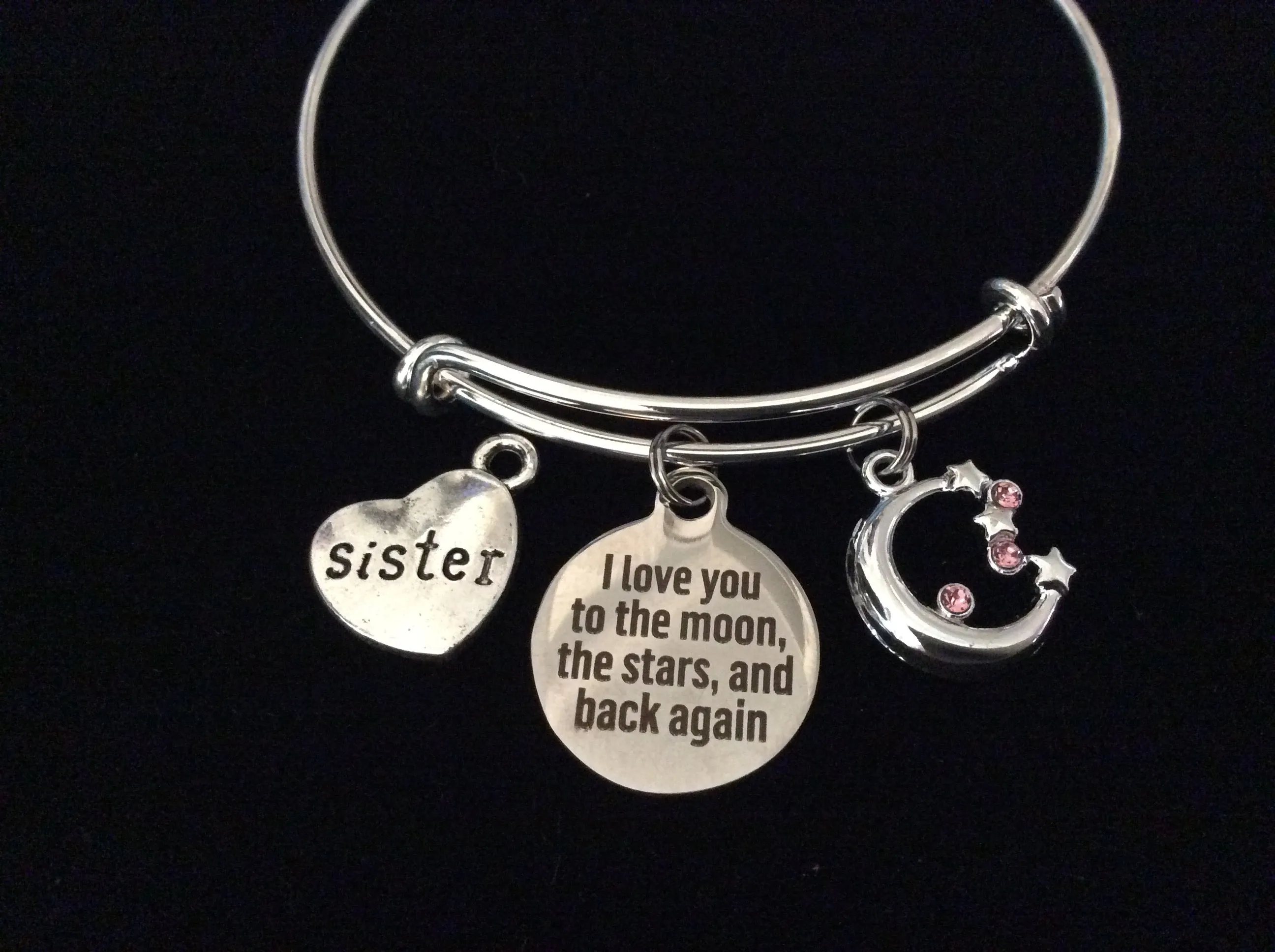 Sister I Love you to the Moon the Stars Adjustable Bracelet Silver Expandable Charm Bracelet Wire Bangle Gift