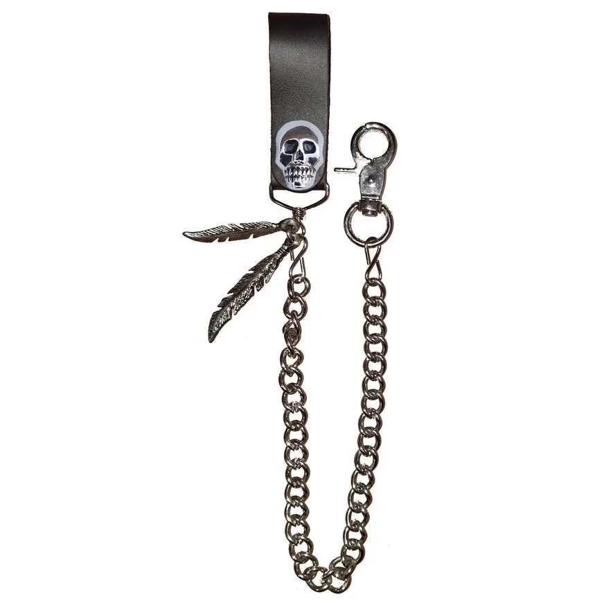 Skull & feathers Leather Wallet Chain - Biker Motorcycle Wallet Chain Acessory