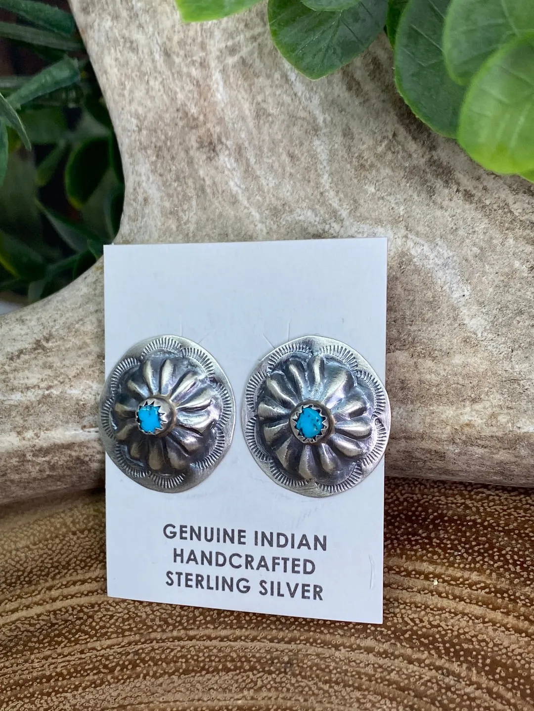 Sterling Silver Round Concho Post Earrings with Turquoise Stone