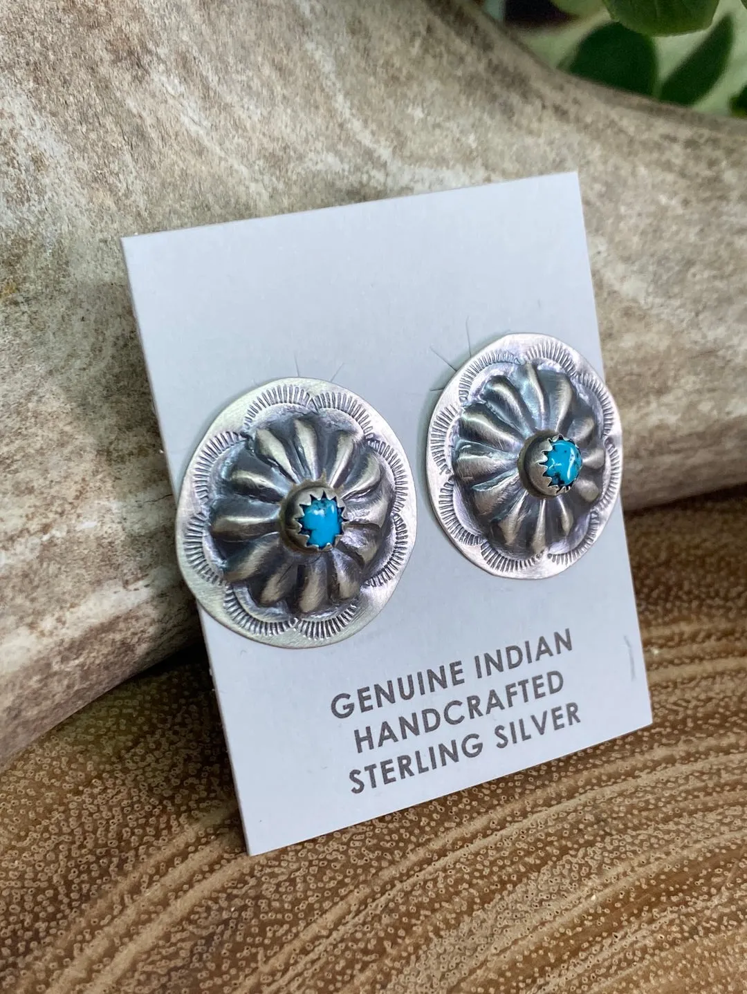 Sterling Silver Round Concho Post Earrings with Turquoise Stone