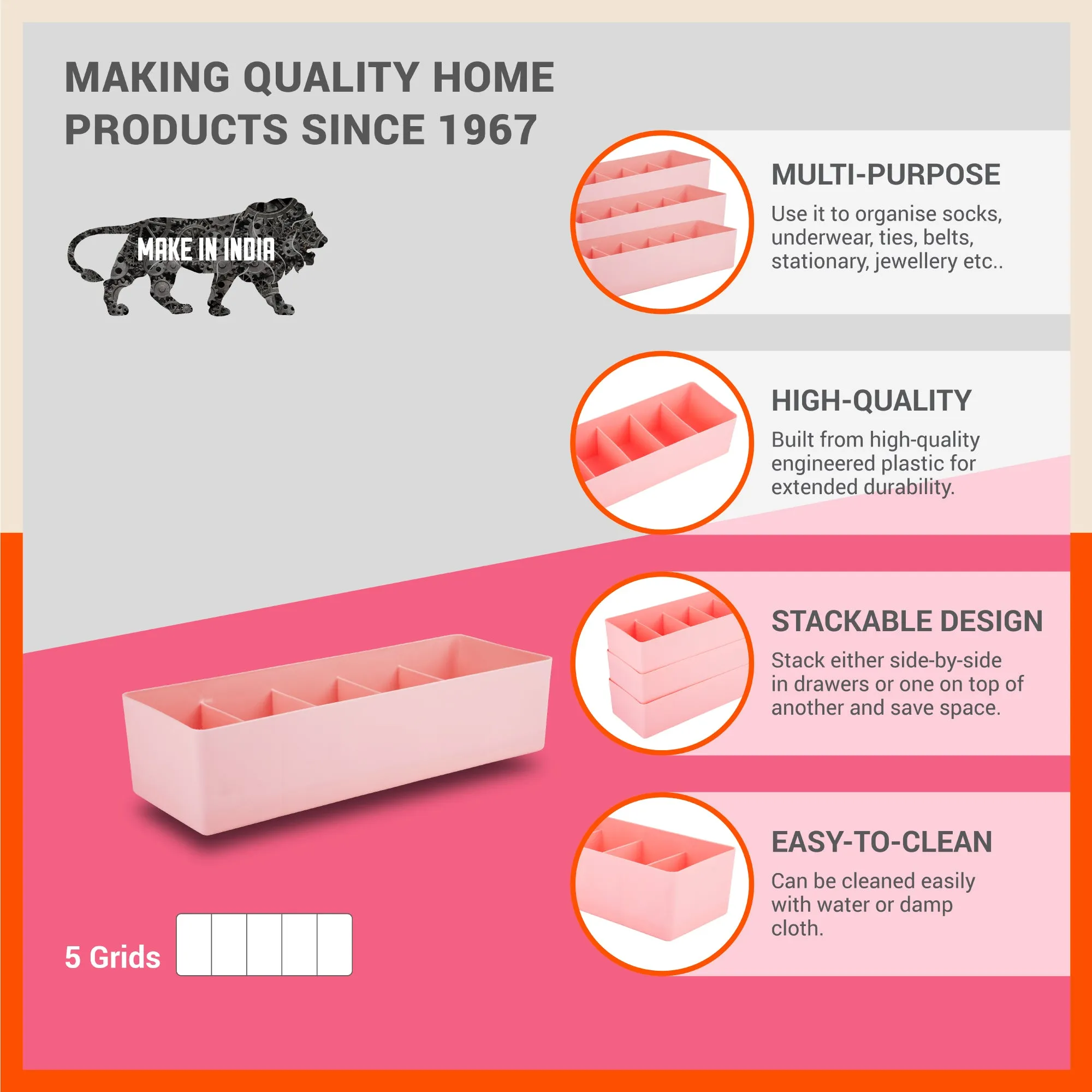 Stomo Dori Multi-Purpose Stackable Drawer Organizer For Home | Peach - Set of 2