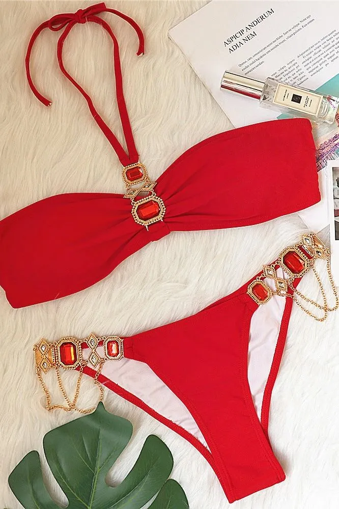Strap Crystal Diamond Chain Split Bikini