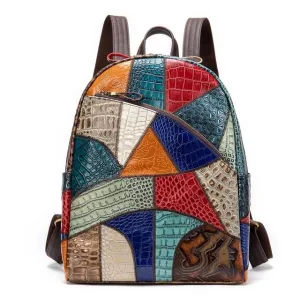 Stylish Zipper Shut Embossed Leather Daypack Mosaic Patterned Backpack