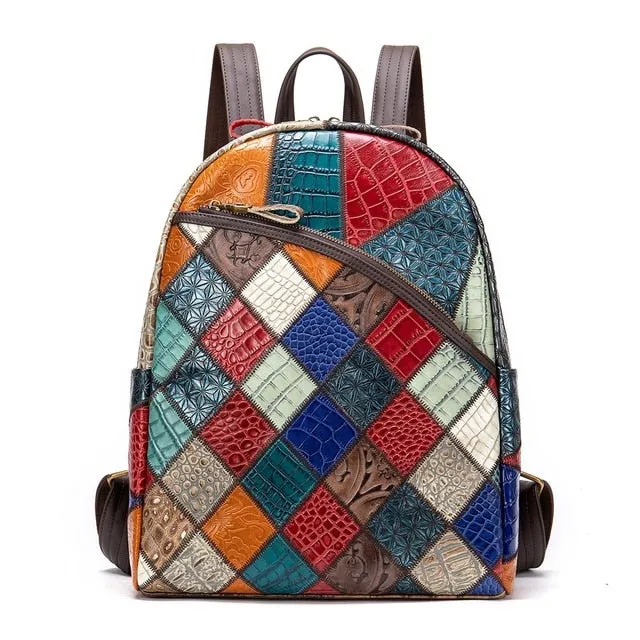 Stylish Zipper Shut Embossed Leather Daypack Mosaic Patterned Backpack