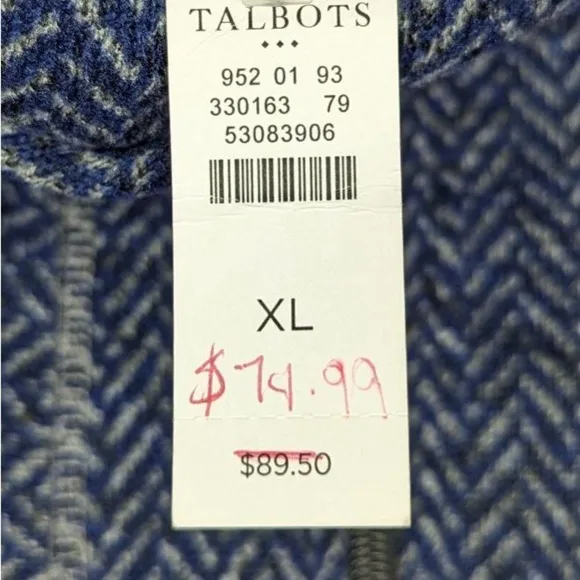 T by Talbots Navy Blue Herringbone Full Zip Jacket Coat size xl knit exterior