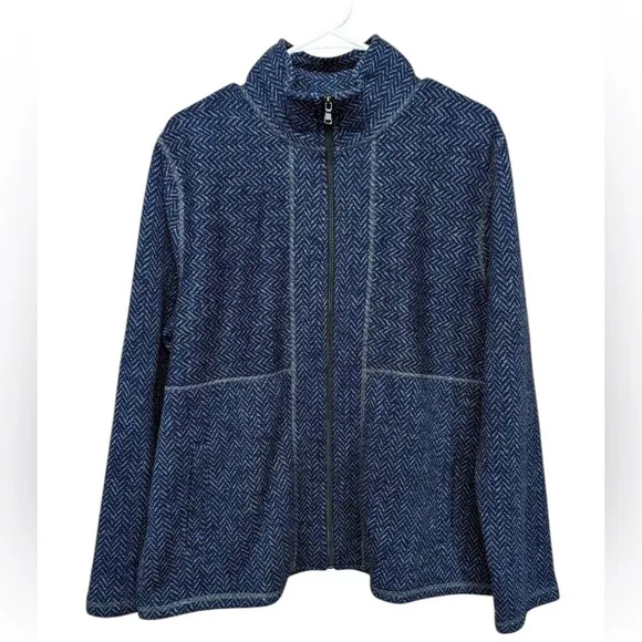 T by Talbots Navy Blue Herringbone Full Zip Jacket Coat size xl knit exterior