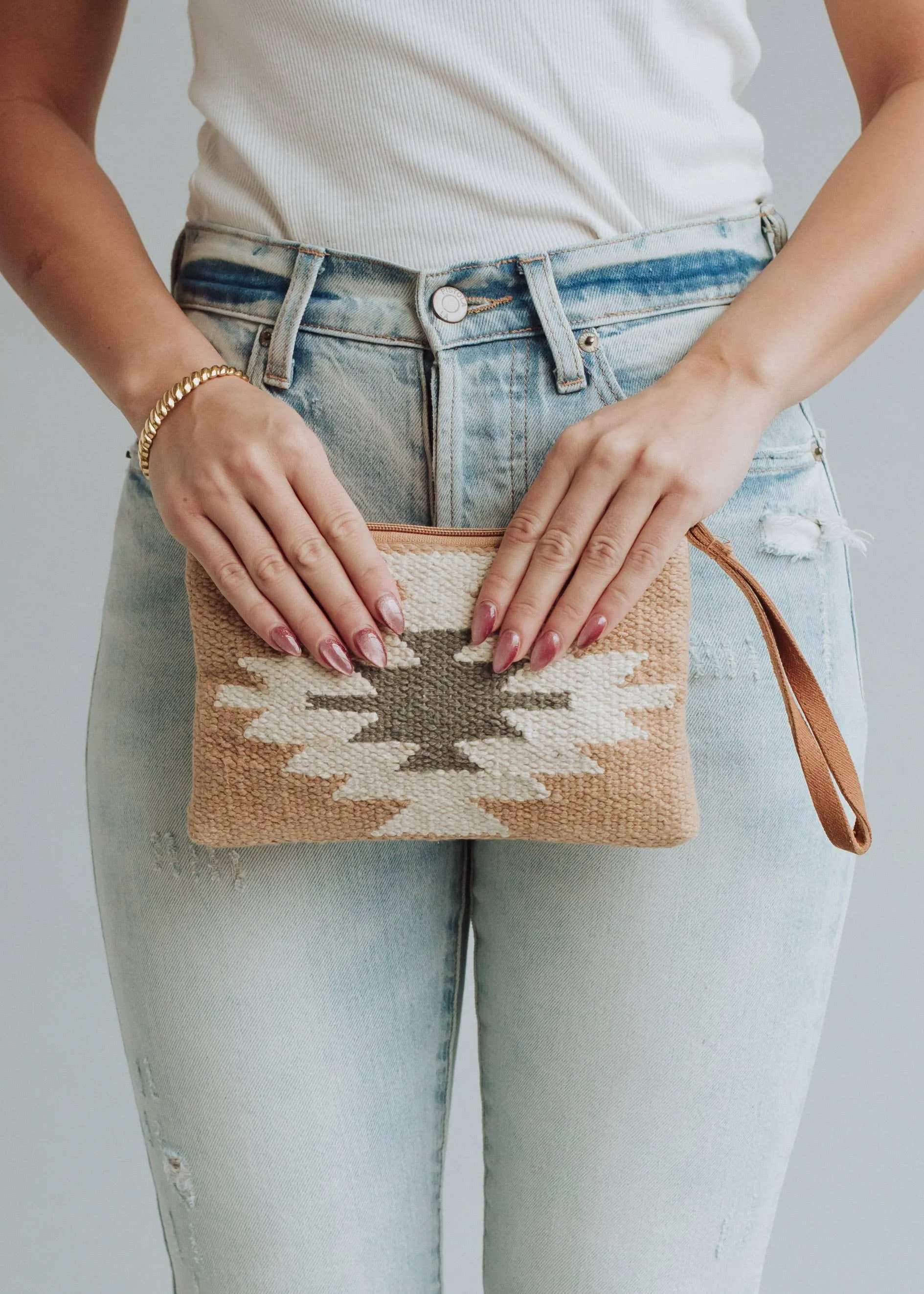 Tan, Cream & Gray Aztec Wristlet