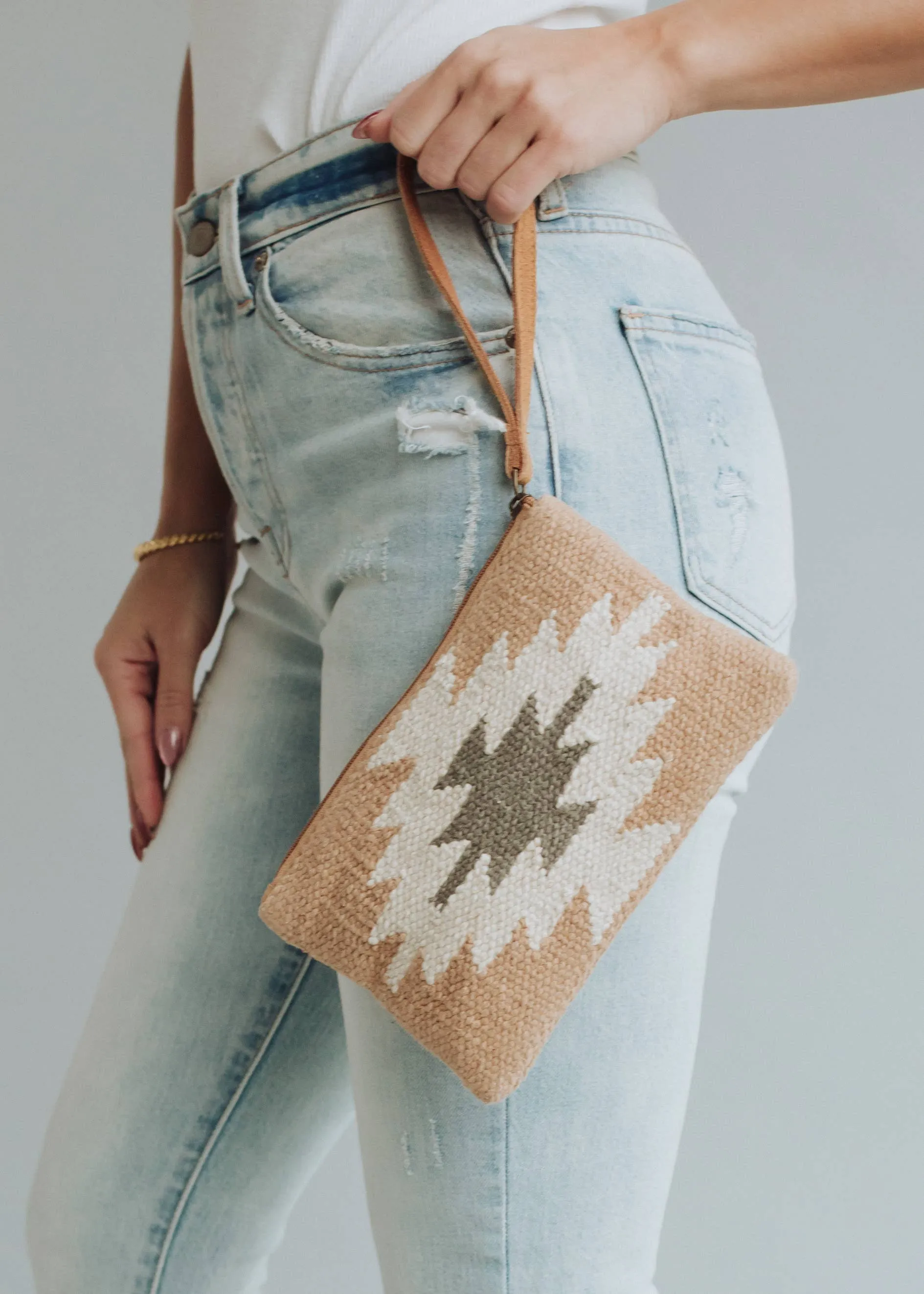 Tan, Cream & Gray Aztec Wristlet