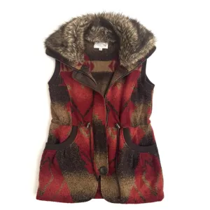 Tasha Polizzi Vest M Zip-Front Brown Red Southwest Blanket Faux-Fur Collar Trim