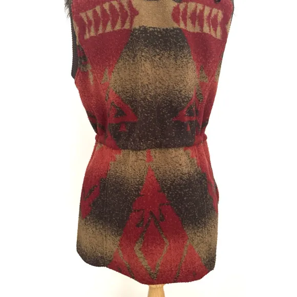 Tasha Polizzi Vest M Zip-Front Brown Red Southwest Blanket Faux-Fur Collar Trim