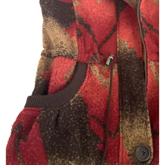 Tasha Polizzi Vest M Zip-Front Brown Red Southwest Blanket Faux-Fur Collar Trim