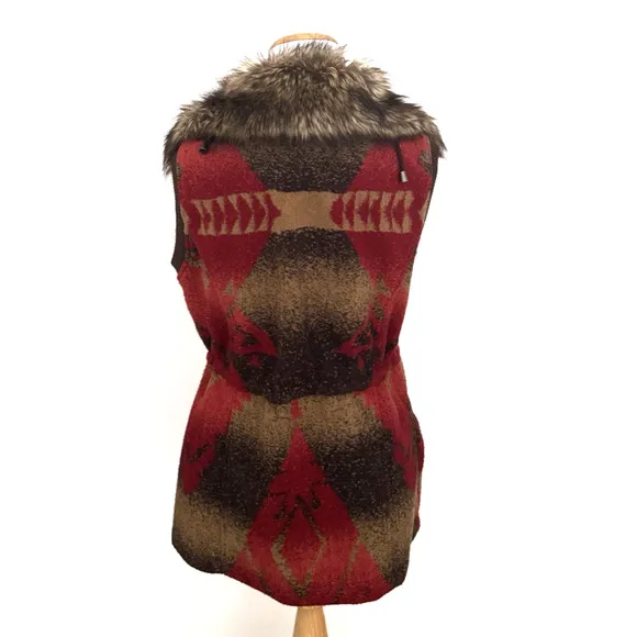 Tasha Polizzi Vest M Zip-Front Brown Red Southwest Blanket Faux-Fur Collar Trim