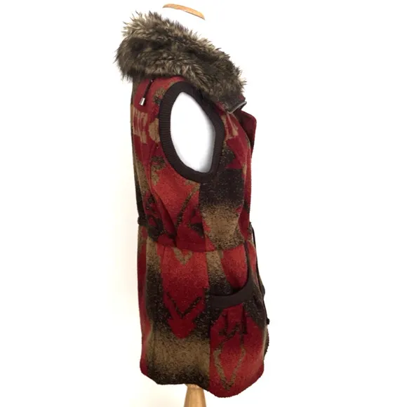Tasha Polizzi Vest M Zip-Front Brown Red Southwest Blanket Faux-Fur Collar Trim