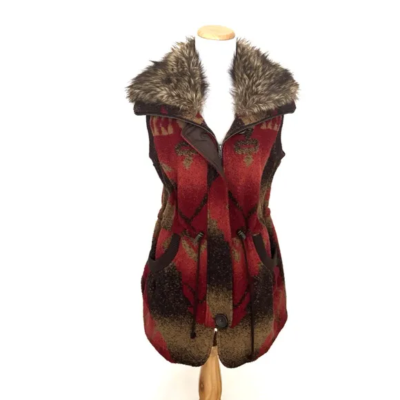 Tasha Polizzi Vest M Zip-Front Brown Red Southwest Blanket Faux-Fur Collar Trim
