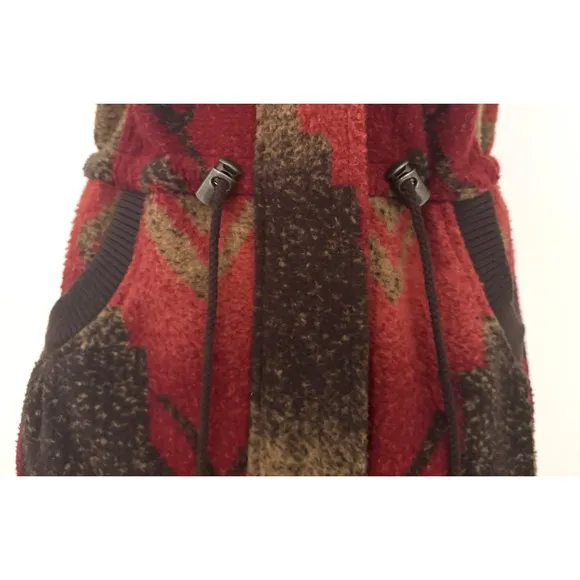 Tasha Polizzi Vest M Zip-Front Brown Red Southwest Blanket Faux-Fur Collar Trim