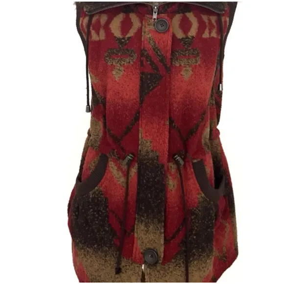 Tasha Polizzi Vest M Zip-Front Brown Red Southwest Blanket Faux-Fur Collar Trim